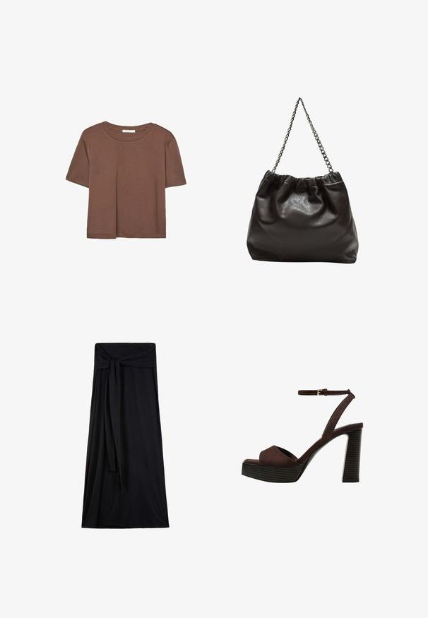 Korte mouwen T-shirt in bruin, gemaakt van een zachte stof, met een ronde halslijn en een relaxte pasvorm. Geen zichtbare patronen of accenten.; Zwarte maxi rok gemaakt van zachte, rekbare stof. Heeft een gestrikt taille-detail, een vloeiende silhoutte en een enkellange uitvoering.; Bruine suède high-heeled sandaal met een open teen, verstelbare enkelband en een gestreepte plateauzool.; Bruine leren tas met een geplooide bovenkant en een kettinghengsel. Glad textuur met een glanzende afwerking en subtiele naaddetails aan de zijkanten.