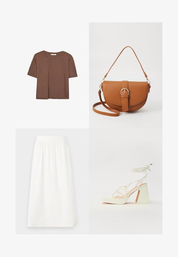 Rjava kratka majica s kratkimi rokavi iz mehkega materiala, s krožnim izrezom in ohlapnim krojem. Brez vidnih vzorcev ali dodatkov.; Bela, krila do kolen, izdelana iz bombaža, z elastičnim pasom. Ima gladko, enostavno teksturo in ohlapen, tekoč dizajn.; Bela sandala na visokih petah s debelim petam, ki ima obliko trakcev in vezanje okoli gležnja. Gladka tekstura z platformo spredaj za dodatno višino.; Rjava usnjena torbica prek telesa s ukrivljeno obliko, zlate opreme in sponko. Ima odstranljiv naramni trak.