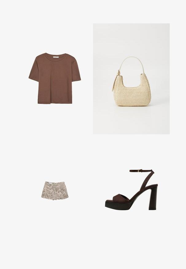 Braunes, kurzärmliges T-Shirt aus weichem Material mit rundem Halsausschnitt und lockerer Passform. Keine sichtbaren Muster oder Akzente.; Leopardenmuster Denim-Shorts, beiger Grund mit dunkelbraunen Flecken, hoch tailliertes Design, zwei Fronttaschen und ein stilvoller Schnitt.; Braune Wildleder-Pumps mit offenem Zeh, verstellbarem Knöchelriemen und gestreiftem Plateausohlen.; Beige geflochtene Strohtasche mit geschwungener Form, einem kurzen Griff und einem seitlichen Reißverschluss. Verfügt über eine strukturierte Oberfläche und ein minimalistisches Design.