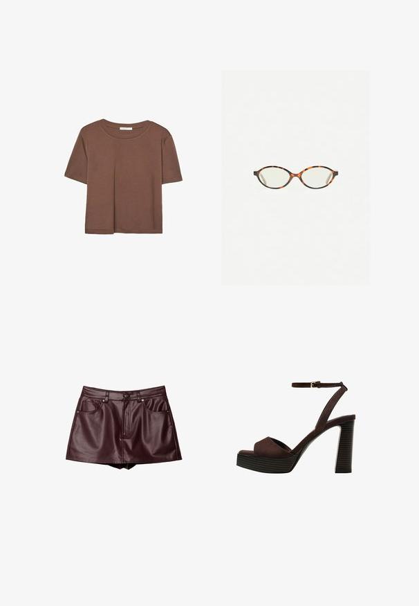 Maglietta a maniche corte marrone realizzata in tessuto morbido, con scollatura rotonda e vestibilità rilassata. Nessun motivo o dettaglio visibile.; Mini gonna in ecopelle bordeaux con due tasche anteriori, cuciture a vista, zip frontale e chiusura con bottone. Texture liscia e lucida.; Sandal in camoscio marrone con tacco alto, punta aperta, cinturino alla caviglia regolabile e suola a piattaforma striata.; Occhiali in tartaruga con lenti ovali e una finitura liscia e elegante. Presentano aste sottili con una leggera curva alle tempie. Lenti trasparenti.