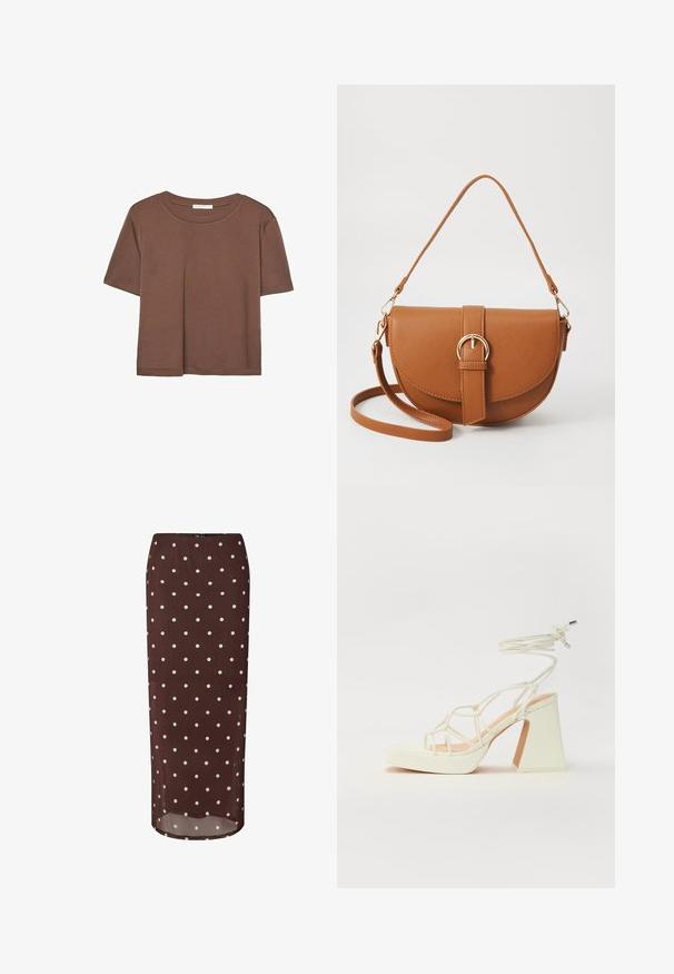Maglietta a maniche corte marrone realizzata in tessuto morbido, con scollatura rotonda e vestibilità rilassata. Nessun motivo o dettaglio visibile.; Gonna midi marrone a pois in tessuto leggero, con pois bianchi e un leggero lucido. Silhouette dritta, orlo tagliato alla caviglia.; Sandalo bianco con tacco alto, caratterizzato da un design a cinturini e un legaccio alla caviglia. Texture liscia con una piattaforma frontale per un'altezza aggiuntiva.; Borsa a tracolla in pelle marrone con forma curvata, hardware dorato e un dettaglio con fibbia. Presenta una tracolla rimovibile.