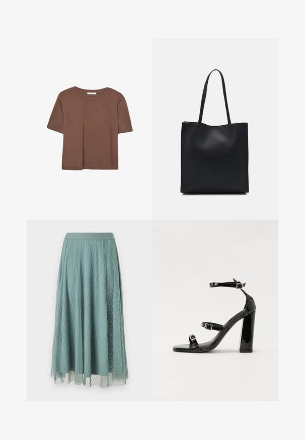 Brun kortærmet t-shirt lavet af blødt stof, med rund halsudskæring og afslappet pasform. Ingen synlige mønstre eller detaljer.; Plisseret midi-nederdel i dæmpet teal-farve, lavet af letvægtsstof. Har en glat talje og gennemsigtig underlag for ekstra tekstur.; Sorte patenterede hælsandaler med firkantet tå, ankelremme og sølvspænder. Har en chunky blokHæl for stabilitet.; Sort læder tote taske med glat tekstur, rektangulær form og to lange hanke. Ingen synlig hardware eller udsmykninger.