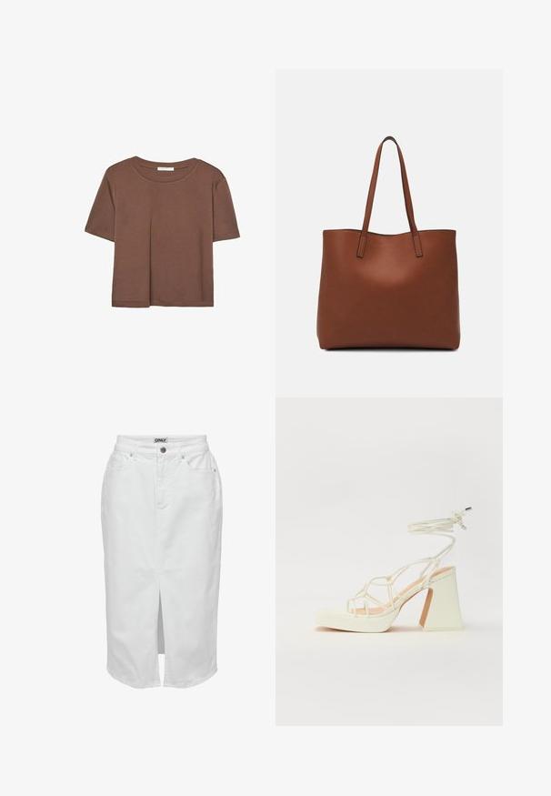 Kahvinsävyinen lyhythihainen t-paita, joka on valmistettu pehmeästä kankaasta. Pyöreä pääntie ja rento malli. Ei näkyviä kuvioita tai koristeita.; Valkoinen farkkuhame, jossa on edessä halkio, korkea vyötärö, kaksi sivutaskua ja nappikiinnitys. Hameessa on brändin etiketti vyötärön kohdalla.; Valkoinen korkokenkä, jossa on paksu korko, ja joka sisältää nauhakiinnityksen ja nilkkaketjun. Sujuva pinta, jossa on platform-etupohja lisäkorkeutta varten.; Ruskea nahkainen olkalaukku, jossa on sileä pinta, avoin yläosa ja kaksi olkahihnaa. Omaavat vain minimaalisen ompelun eikä näkyvää metalliosaa.