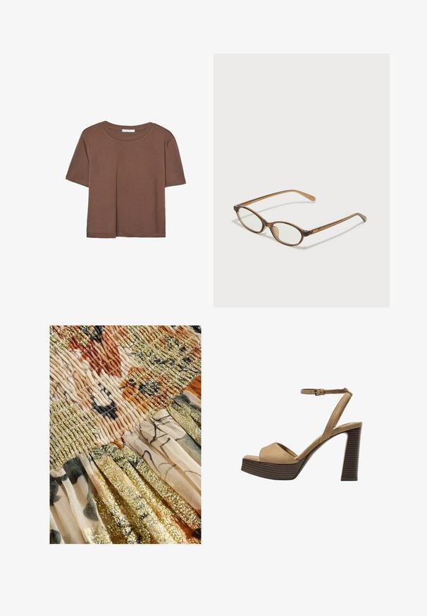 Maglietta a maniche corte marrone realizzata in tessuto morbido, con scollatura rotonda e vestibilità rilassata. Nessun motivo o dettaglio visibile.; Next REGULAR FIT - DROP WAIST - Gonna lunga - cream sparkle; Sandali con tacco alto in suede beige, con una larga fascetta anteriore e una fascetta alla caviglia, dotati di un tacco blocco in legno spesso con una finitura testurizzata.; Occhiali tortoiseshell marroni con lenti ovali, aste sottili e dettagli trasparenti. Presentano un logo sottile sulla tempia. Design elegante e leggero.