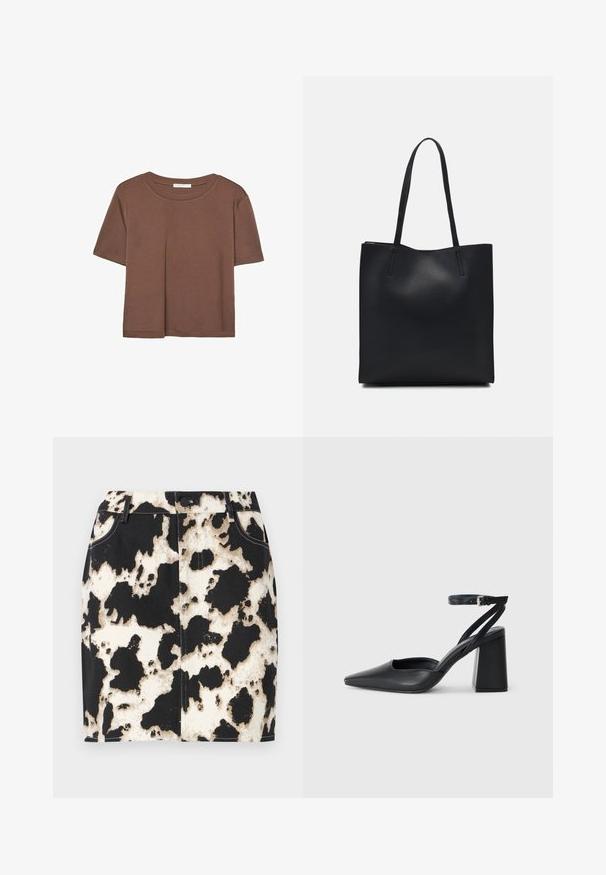 Maglietta a maniche corte marrone realizzata in tessuto morbido, con scollatura rotonda e vestibilità rilassata. Nessun motivo o dettaglio visibile.; Gonna di jeans con motivo in pelle di mucca bianca e nera, con cuciture a contrasto e chiusura frontale con bottoni. Design corto e aderente.; Pump in pelle nera con punta affusolata, cinturino alla caviglia e tacco spesso. Texture piatta, design elegante ed estetica minimalista.; Borsa tote in pelle nera con texture liscia, forma rettangolare e due manici lunghi. Nessun hardware o decorazione visibile.