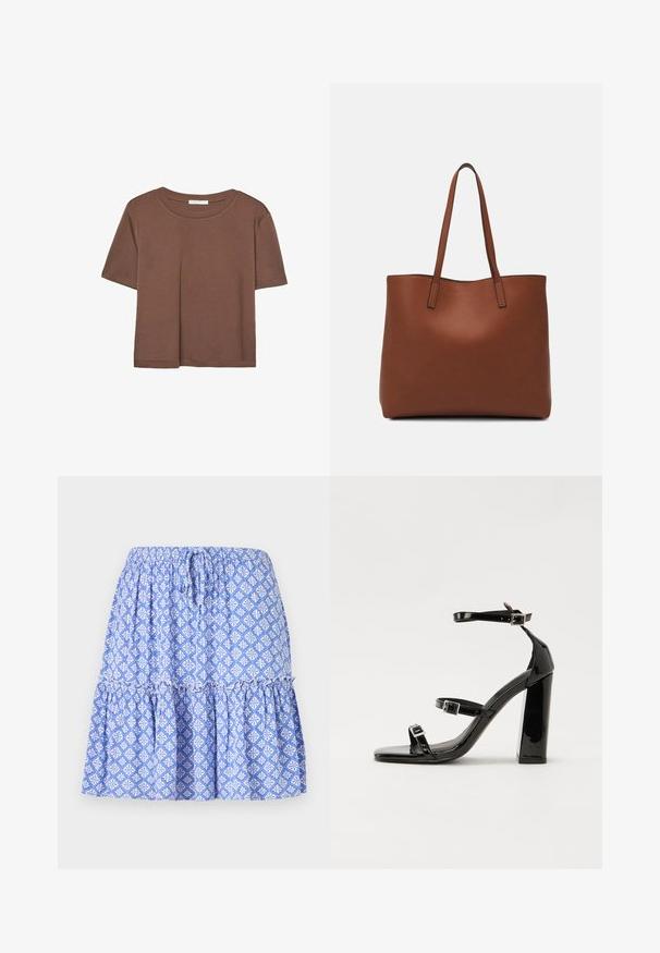 Braunes, kurzärmliges T-Shirt aus weichem Material mit rundem Halsausschnitt und lockerer Passform. Keine sichtbaren Muster oder Akzente.; Blau gemusterter Rock mit elastischem Bund, gestuftem Design und weißen Blumenmotiven. Hergestellt aus leichtem Stoff mit einer weichen Textur.; Schwarze patentierte Sandalen mit Absatz, quadratischer Spitze, Knöchelriemen und silbernen Schnallen. Mit einem stabilen Blockabsatz für mehr Stabilität.; Braune Leder-Tote mit glatter Textur, offenem Oberteil und zwei Schulterriemen. Verfügt über minimale Nähte und keine sichtbaren Beschläge.