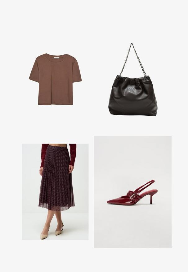 Braunes, kurzärmliges T-Shirt aus weichem Material mit rundem Halsausschnitt und lockerer Passform. Keine sichtbaren Muster oder Akzente.; Plissierter Midirock in Dunkelblau mit einem roten Rautenmuster. Aus leichtem Stoff gefertigt, mit fließendem Design, der Saum endet unter dem Knie.; Rote Lackleder Slingback-Absätze mit spitzem Zeh, zwei Schnallenriemen und einem schlanken, mittelhohen Stiletto-Absatz. Glatte Textur.; Braune Lederhandtasche mit gerafftem Oberteil und Kettenriemen. Glatte Textur mit glänzendem Finish und subtilen Nahtdetails an den Seiten.