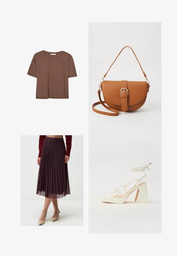 T-shirt marron à manches courtes en tissu doux, avec un col rond et une coupe décontractée. Aucun motif ni accent visible.; Jupe midi plissée en bleu foncé avec un motif en diamant rouge. Fabriquée en tissu léger avec un design fluide, l'ourlet se termine sous le genou.; Sandale blanche à talons hauts avec un talon épais, présentant un design à lanières et un lien autour de la cheville. Texture lisse avec une plateforme à l'avant pour une hauteur supplémentaire.; Sac bandoulière en cuir marron avec une forme incurvée, quincaillerie dorée et un accent en boucle. Comprend une bandoulière détachable.