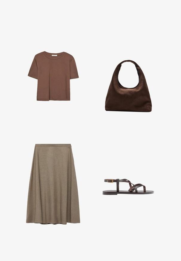 Hnědé tričko s krátkým rukávem vyrobené z měkké látky, s kulatým výstřihem a volným střihem. Bez viditelných vzorů nebo dekorací.; Sukně do délky kolen v áčkovém střihu z texturované hnědé látky s jemným kostkovaným vzorem, má hladký pas a splývavý siluetu.; Hnědé kožené sandály s kříženými pásky, uzavřením na přezku u kotníku a plochou podrážkou s minimem švů.; Měkká hnědá kabelka ve stylu hobo s jedním širokým popruhem a zakřiveným horním otvorem, vystavená na bílém pozadí.