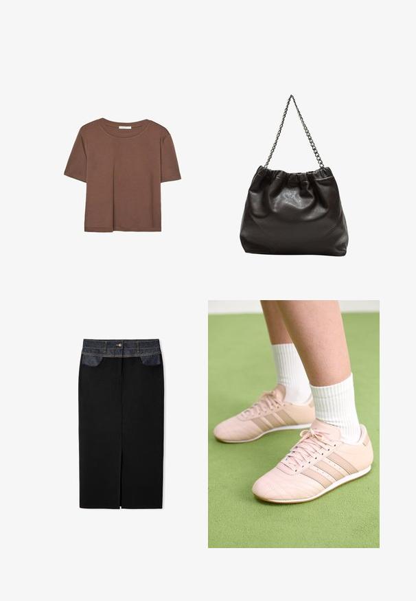 Brązowa koszulka z krótkim rękawem, wykonana z miękkiego materiału, z okrągłym dekoltem i luźnym krojem. Brak widocznych wzorów lub akcentów.; Czarna spódnica z denimu z ciemnoniebieskim pasem, złotymi przeszyciami i z przodu przecięciem. Posiada kieszenie z przodu dla wygody.; Jasnoróżowe buty sportowe z ukośnym przeszyciem, białymi podeszwami i trzema bocznymi paskami. Noszone z prążkowanymi białymi skarpetami na zielonej powierzchni.; Brązowa skórzana torba z marszczonym szczytem i łańcuszkowym paskiem. Gładka tekstura z błyszczącym wykończeniem i subtelnymi detalami szwów po bokach.