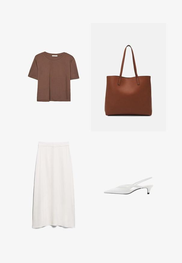 Brun kortærmet t-shirt lavet af blødt stof, med rund halsudskæring og afslappet pasform. Ingen synlige mønstre eller detaljer.; Hvid A-linje nederdel lavet af glat stof, med høj talje og gulvlængde design med en subtil drapering.; Hvide slingback hæle med spids tå, der har en glat overdel, subtile udskæringer og en lav blokhæl. Den sorte sål fremhæver designet.; Brun læder tote taske med en glat overflade, åben topdesign og to skulderremme. Har minimal syning og ingen synlig hardware.
