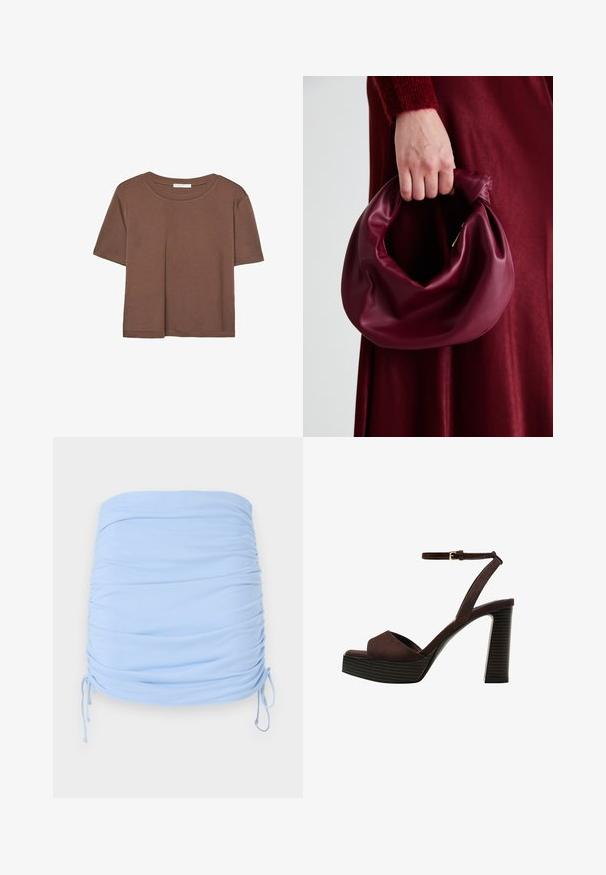 T-shirt marron à manches courtes en tissu doux, avec un col rond et une coupe décontractée. Aucun motif ni accent visible.; Jupe mini froncée bleu clair en tissu extensible. Elle présente des liens à cordon sur les côtés pour un ajustement réglable et une texture douce.; Sandale à talons hauts en suede marron avec un bout ouvert, une bride de cheville réglable et une semelle de plateforme rayée.; Sac à main en cuir bordeaux au design doux et froncé, avec une forme arrondie. La poignée est fixée, mettant en valeur une texture lisse.