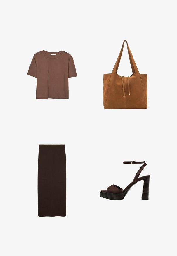 Rjava kratka majica s kratkimi rokavi iz mehkega materiala, s krožnim izrezom in ohlapnim krojem. Brez vidnih vzorcev ali dodatkov.; Rjava pletena midi krila z oprijetim krojem, gladko teksturo, brez vidnih vzorcev in preprostim, čistim dizajnom brez okrasnih elementov.; Rjave semiš sandale z visoko peto, odprto spredaj, z nastavljivim gležnjenjem in črtastim podplatom.; Rjava semiš torba z dvema dolgima ročajema, z vrvico za zapiranje in minimalističnim dizajnom. Gladka tekstura in brez vidnih kovinskih dodatkov.
