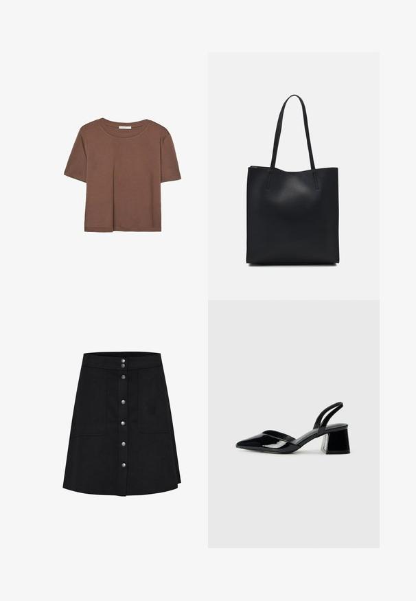 Smeđi kratki rukav majica od mekog materijala, s okruglim izrezom i opuštenim krojem. Nema vidljivih uzoraka ili naglasaka.; Crna A-line suknja od teksturirane tkanine, s prednjim kopčanjem na gumbe, dva bočna džepa i dužinom do koljena.; Crne lakirane kožne sandale s otvorenom petom i špicastim vrhom, s geometrijskom blok petom. Imaju elegantan, minimalistički dizajn i glatku teksturu.; Crna kožna torba za nošenje s glatkom teksturom, pravokutnim oblikom i dvije duge ručke. Nema vidljivih metalnih dijelova ili ukrasa.