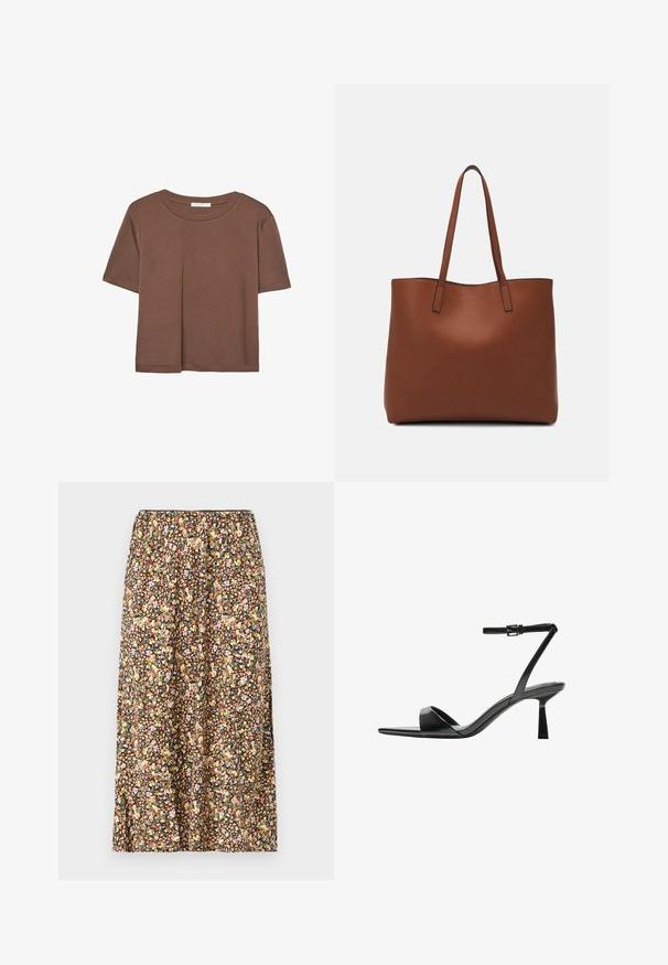 Hnedé tričko s krátkym rukávom vyrobené z jemného materiálu, s okrúhlym výstrihom a voľným strihom. Žiadne viditeľné vzory ani akcenty.; Sukňa s kvetinovým vzorom na čiernom pozadí, obsahujúca rôzne malé kvety v ružovej, žltej a bielej farbe. Elastický pás a dĺžka po kolená.; Bershka Sandále na vysokom opätku - black; Hnedá kožená taška na rameno s hladkou textúrou, otvoreným vrchom a dvoma ramenými popruhmi. Má minimálne šitia a žiadne viditeľné kovania.