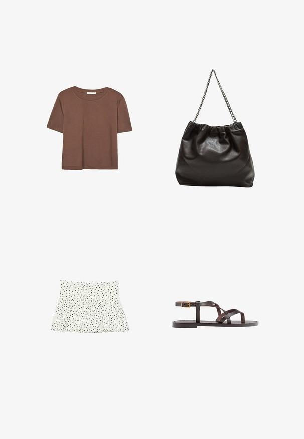 Braunes, kurzärmliges T-Shirt aus weichem Material mit rundem Halsausschnitt und lockerer Passform. Keine sichtbaren Muster oder Akzente.; Weißer Stoffrock mit gerafftem Design, der ein schwarzes Punkte-Muster hat. Elastischer Bund mit schwingendem Saum.; Braune Leder-Sandale mit überkreuzten Riemen, einem Knöchelriemen mit Schnalle und einer flachen Sohle mit minimalen Nähdetails.; Braune Lederhandtasche mit gerafftem Oberteil und Kettenriemen. Glatte Textur mit glänzendem Finish und subtilen Nahtdetails an den Seiten.