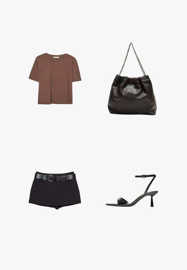 Smeđi kratki rukav majica od mekog materijala, s okruglim izrezom i opuštenim krojem. Nema vidljivih uzoraka ili naglasaka.; Crne kratke hlače s glatkom teksturom, s širokim crnim remenom i srebrnom kopčom, krojene u uskom dizajnu s blago visokim strukom.; Bershka Sandale s visokom petom - black; Smeđa kožna torba s naboranim vrhom i lančićem za nošenje. Glatka tekstura s sjajnim završetkom i suptilnim šavnim detaljima sa strane.
