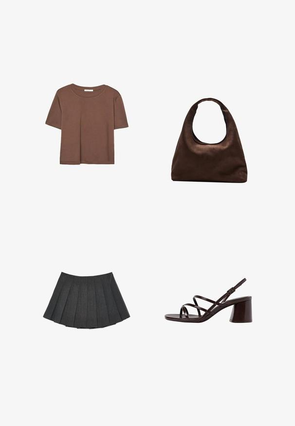Kahvinsävyinen lyhythihainen t-paita, joka on valmistettu pehmeästä kankaasta. Pyöreä pääntie ja rento malli. Ei näkyviä kuvioita tai koristeita.; Pliseerattu hame tummanharmaana, tehty tekstuuritetystä kankaasta. Ominaisuuksina on levenevä siluetti, jossa on tasaisesti sijoitettuja pliseerauksia ja litteä vyötärönauha.; Ruske sandaale sa visokom potpeticom s debljim petama, s glatkom, sjajnom površinom i višestrukim križnim trakama na gornjem dijelu.; Pehmeä ruskea hobo-tyylinen käsilaukku, jossa on yksi leveä olkahihna ja kaareva yläosan aukko, esitelty valkoista taustaa vasten.