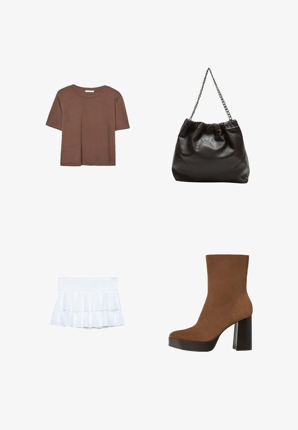 Braunes, kurzärmliges T-Shirt aus weichem Material mit rundem Halsausschnitt und lockerer Passform. Keine sichtbaren Muster oder Akzente.; Weiße geraffte Shorts mit einem elastischen Bund, die aus geschichteten Stoffen und subtilen Texturdetaills bestehen. Leicht und lässig im Design.; Braunes Wildleder-Ankle Boot mit runder Spitze, klobigem schwarz gestreiften Absatz und glatter Oberfläche. Besitzt ein enganliegendes Design ohne sichtbare Beschläge.; Braune Lederhandtasche mit gerafftem Oberteil und Kettenriemen. Glatte Textur mit glänzendem Finish und subtilen Nahtdetails an den Seiten.
