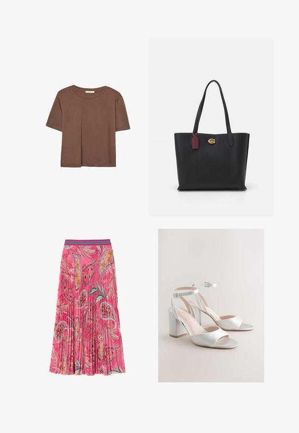 T-shirt marron à manches courtes en tissu doux, avec un col rond et une coupe décontractée. Aucun motif ni accent visible.; Jupe plissée rose avec des motifs floraux et cachemire, dotée d'une taille à rayures turquoise contrastantes. Fabriquée en tissu léger.; Sandales blanches à talon carré ouvert à l'avant avec brides à la cheville et boucles argentées sur un fond beige neutre.; Sac en cuir noir avec deux longues poignées, finition texturée, ferrures en or et une étiquette bordeaux. Conception spacieuse avec un dessus ouvert.