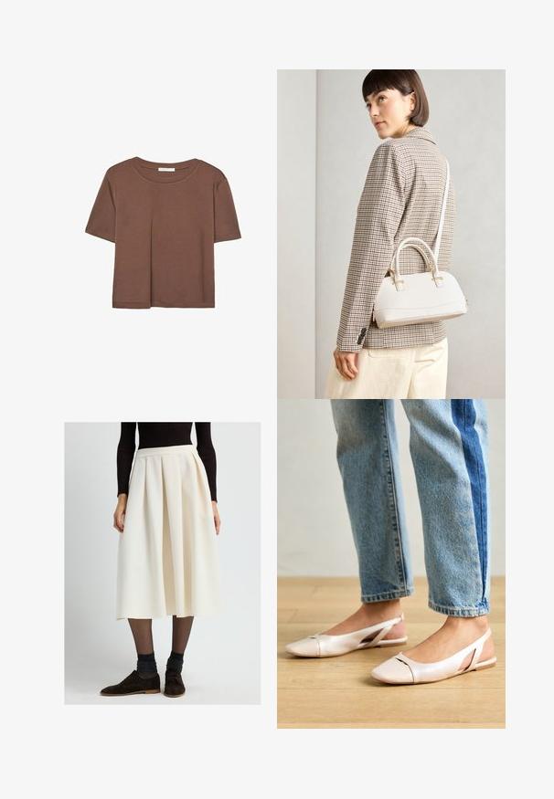Brun kortærmet t-shirt lavet af blødt stof, med rund halsudskæring og afslappet pasform. Ingen synlige mønstre eller detaljer.; Kvinde iført en cremet plisseret midi-nederdel med sorte gennemsigtige strømpebukser, mørke glitrende sokker, brune snørebåndssko og en sort ribbet langærmet top.; Lyserøde slingback flade sko med spidse tær, lavet af et glat læderlignende materiale. Har udskæringsdetaljer på siderne og en flad hæl.; Hvid struktureret taske med korte håndtag og en skulderrem, prydet med guldfarvede hardwaredetaljer og tekstureret materiale, præsenteret mod en grå baggrund.