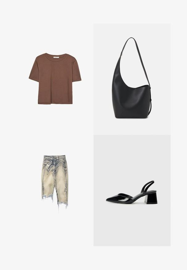 T-shirt marron à manches courtes en tissu doux, avec un col rond et une coupe décontractée. Aucun motif ni accent visible.; Shorts en denim dans un délavé bleu-gris, avec des détails usés, un ourlet effiloché, cinq poches et une taille standard avec passants de ceinture.; Escarpins en cuir verni noir avec bout pointu et talon bloc géométrique. Présente un design élégant et minimaliste ainsi qu'une texture lisse.; Sac hobo en cuir noir avec une texture lisse, une forme incurvée et une seule sangle réglable ; dispose d'une large ouverture en haut.