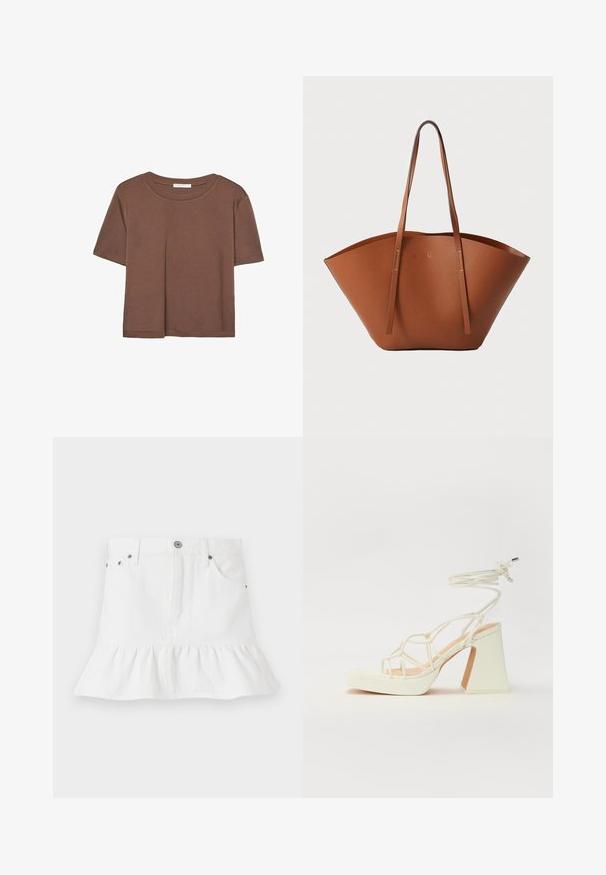 T-shirt marron à manches courtes en tissu doux, avec un col rond et une coupe décontractée. Aucun motif ni accent visible.; Jupe en denim blanc avec un ourlet froncé, dotée d'un design à cinq poches, d'une fermeture à boutons à l'avant et d'accents en métal.; Sandale blanche à talons hauts avec un talon épais, présentant un design à lanières et un lien autour de la cheville. Texture lisse avec une plateforme à l'avant pour une hauteur supplémentaire.; Sac fourre-tout en cuir marron avec une forme large et structurée, des poignées fines et une finition texturée. Présente un design minimaliste sans matériel visible.