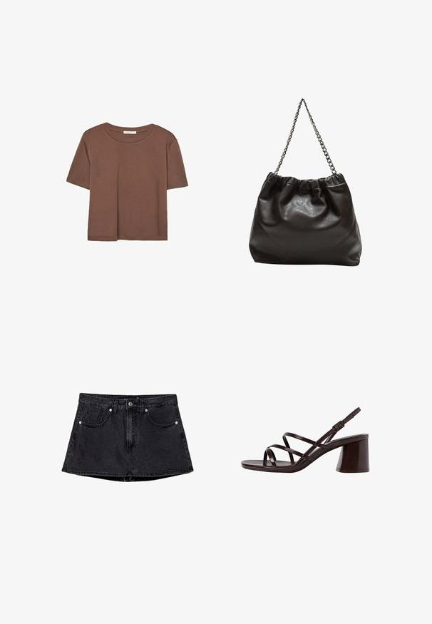 Hnedé tričko s krátkym rukávom vyrobené z jemného materiálu, s okrúhlym výstrihom a voľným strihom. Žiadne viditeľné vzory ani akcenty.; Čierna denimová sukňa s priliehavým pásom, piatimi vreckami, tradičným uzáverom na gombík a zips a jemne rozšíreným lemom.; Hnedé sandále na vysokom opätku s hrubým opätkom, s hladkým a lesklým povrchom a viacerými krížovými pásikmi na hornej časti.; Hnedá kožená taška so zberaným vrchom a reťazovým popruhom. Hladký povrch s lesklým finišom a jemným švom po stranách.
