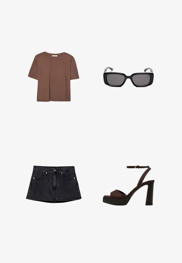 Smeđi kratki rukav majica od mekog materijala, s okruglim izrezom i opuštenim krojem. Nema vidljivih uzoraka ili naglasaka.; Crna traper suknja s pripijenim strukom, dizajnom s pet džepova, tradicionalnim kopčanjem na dugme i patentni zatvarač, te lagano proširenim rubom.; Smeđe zamšaste sandale s visokim potpeticama, otvorenim prstima, podesivom trakicom oko gležnja i prugastom platformom.; Crne pravokutne sunčane naočale s tamnim lećama, glatkim plastičnim okvirom i zakrivljenim državama. Dizajn je masivan s minimalističkom estetikom.