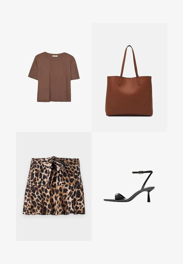 Hnědé tričko s krátkým rukávem vyrobené z měkké látky, s kulatým výstřihem a volným střihem. Bez viditelných vzorů nebo dekorací.; Mini sukně s leopardím vzorem vyrobená z měkké látky, s rozšířeným designem, se zavazovacími pásky a kontrastními černými a hnědými skvrnami na béžovém pozadí.; Bershka Sandály na vysokém podpatku - black; Hnědá kožená taška přes rameno s hladkou texturou, otevřeným designem a dvěma ramenními popruhy. Obsahuje minimální švy a žádné viditelné kovové prvky.