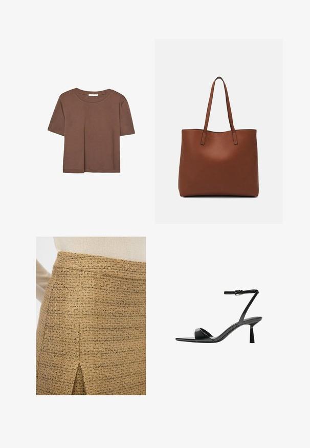 Brun kortärmad t-shirt i mjukt tyg, med rund halsringning och avslappnad passform. Inga synliga mönster eller detaljer.; Texturerad beige kjol med ett subtilt, vävt mönster och en liten slits, med guldfärgade detaljer och en skräddarsydd passform.; Bershka Sandaletter - black; Brun läder tote-väska med en slät textur, öppen toppdesign och två axelremmar. Har minimal söm och ingen synlig metalldetalj.