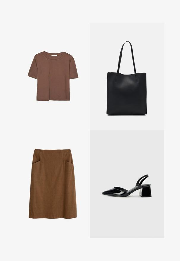 Kahvinsävyinen lyhythihainen t-paita, joka on valmistettu pehmeästä kankaasta. Pyöreä pääntie ja rento malli. Ei näkyviä kuvioita tai koristeita.; Ruskea puuvillahame, jossa on napakka vyötärö, kaksi sivutaskua ja suora leikkaus. Kankaan pinta on pehmeä ja siinä on hillitty kiilto.; Mustat patentoitu nahkakengät, joissa on säären takaosa ja terävä kärki, sekä geometrinen palikkakorko. Sisältää tyylikkään, minimalistisen muotoilun ja sileän pinnan.; Mustapahkainen kangaskassi, jossa on sileä pinta, suorakaiteen muotoinen ja kaksi pitkää kahvaa. Ei näkyvää metalliosaa tai koristeita.