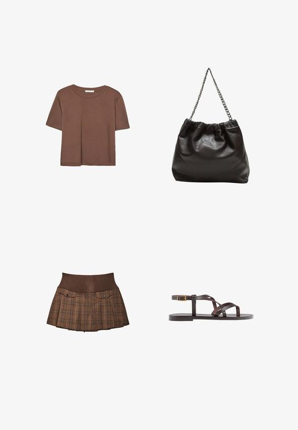 Kahvinsävyinen lyhythihainen t-paita, joka on valmistettu pehmeästä kankaasta. Pyöreä pääntie ja rento malli. Ei näkyviä kuvioita tai koristeita.; Ruskea ruudullinen hame, jossa on ribattu vyötärö. Siinä on kaksi etutaskua napilla, laskostettu muotoilu ja räätälöity viimeistely.; Ruske kožne sandale s križnim trakama, zatvaranjem na kopču oko gležnja i ravnim potplatom s minimalnim detaljima šivanja.; Ruskea nahkainen laukku, jossa on kerätty yläosa ja ketjuhihna. Tasainen pinta, jossa kiiltävä viimeistely ja hienovaraiset sauman yksityiskohdat sivuilla.