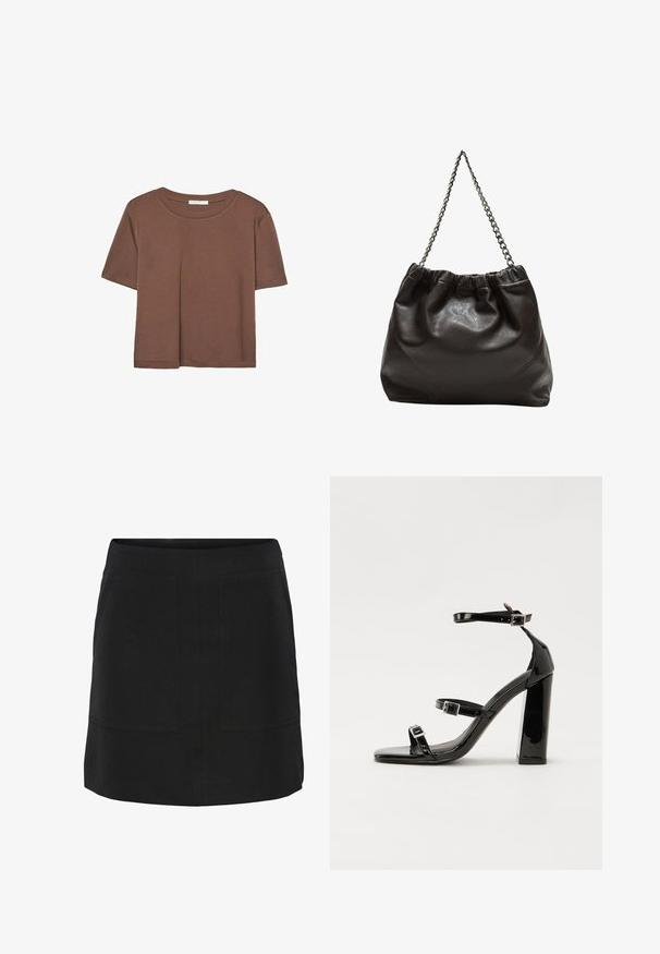 Brown short-sleeve t-shirt made of soft fabric, with a round neckline and relaxed fit. No visible patterns or accents.; Black skirt with a straight cut, featuring two front pockets and a clean finish. Made from a smooth fabric with minimal detailing.; Black patent heeled sandals with a square toe, ankle straps, and silver buckles. Features a chunky block heel for stability.; Brown leather bag with a gathered top and a chain strap. Smooth texture with a glossy finish and subtle seam detailing on the sides.