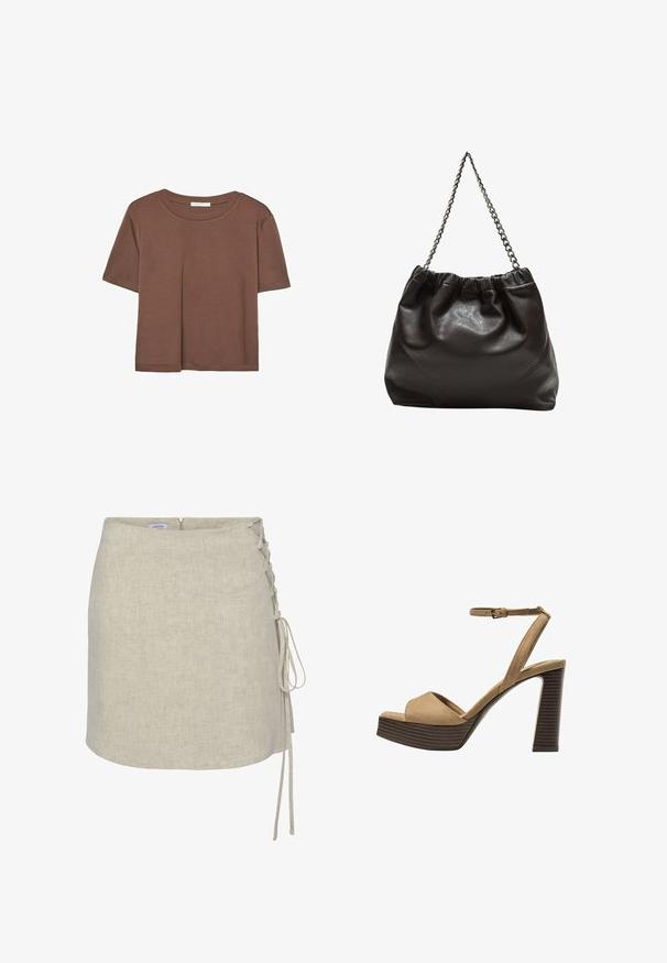 Hnedé tričko s krátkym rukávom vyrobené z jemného materiálu, s okrúhlym výstrihom a voľným strihom. Žiadne viditeľné vzory ani akcenty.; Béžová ľanová sukňa obopínajúceho strihu s detailom šnurovania na ľavej strane, rovný strih a zapínanie na zips vzadu. Hladká, štruktúrovaná tkanina.; Bežové semišové sandále na vysokom opätku s širokým predným pásom a pásikom okolo členka, ktoré majú masívny drevený blokový opätok s textúrovaným povrchom.; Hnedá kožená taška so zberaným vrchom a reťazovým popruhom. Hladký povrch s lesklým finišom a jemným švom po stranách.