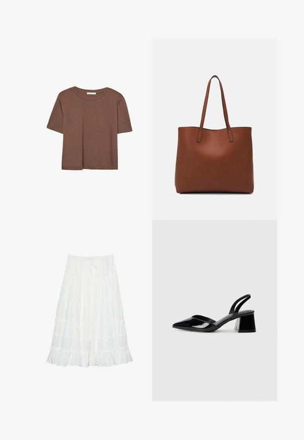 Smeđi kratki rukav majica od mekog materijala, s okruglim izrezom i opuštenim krojem. Nema vidljivih uzoraka ili naglasaka.; Bijela suknja s više slojeva napravljena od lagane tkanine, s nabranim detaljima na svakom sloju i elastičnom strukom s vezicom.; Crne lakirane kožne sandale s otvorenom petom i špicastim vrhom, s geometrijskom blok petom. Imaju elegantan, minimalistički dizajn i glatku teksturu.; Smeđa kožna torba preko ramena s glatkom teksturom, otvorenim vrhom i dvjema naramenicama. Ima minimalne šavove i nema vidljivog hardvera.