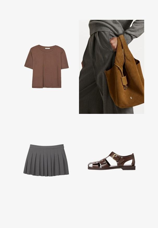 Maglietta a maniche corte marrone realizzata in tessuto morbido, con scollatura rotonda e vestibilità rilassata. Nessun motivo o dettaglio visibile.; Gonna mini plissettata grigia con cintura a bottoni e una piccola decorazione con il logo sul lato destro.; Sandal in pelle marrone con un design a intaglio, cinturino laterale regolabile e suola piatta, con dettagli metallici e punta aperta.; Borsa a tracolla in suede marrone con forma arrotondata, doppi manici e un accento in metallo. Presenta un piccolo logo sul davanti.