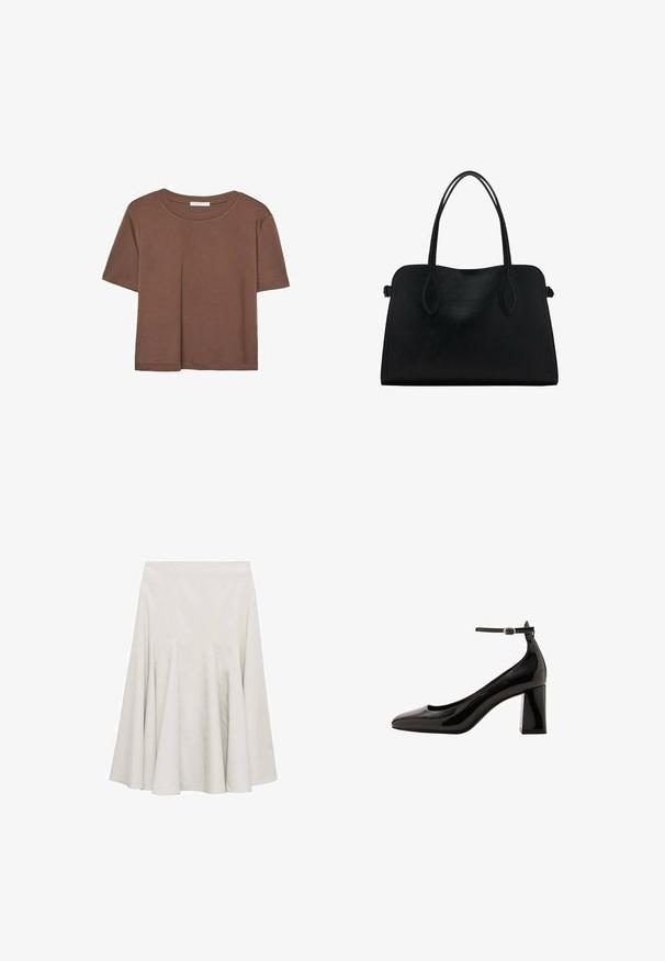 T-shirt marron à manches courtes en tissu doux, avec un col rond et une coupe décontractée. Aucun motif ni accent visible.; Jupe évasée de couleur crème, en tissu lisse, dotée de plis pour plus de volume et d'un design simple et dépouillé.; Pompe à talon bloc en cuir verni noir avec une finition brillante, un bout pointu et une large bride à la cheville. Texture lisse, minimalisme dans les détails.; Sac à main en cuir noir avec deux anses, de forme rectangulaire et au design minimaliste sur un fond blanc.