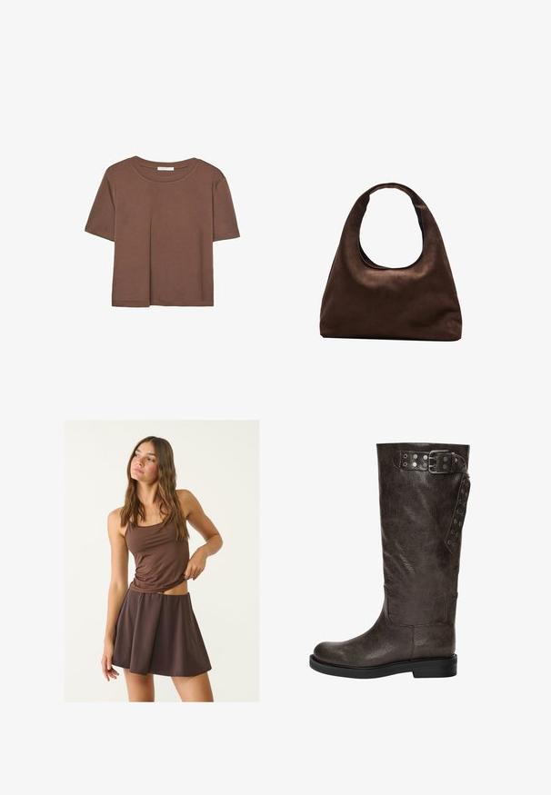 T-shirt marron à manches courtes en tissu doux, avec un col rond et une coupe décontractée. Aucun motif ni accent visible.; Débardeur marron et jupe évasée assortie, en tissu doux et léger. Le haut présente des bretelles fines et une silhouette ajustée.; Botte en cuir marron jusqu'au genou avec une finition texturée, dotée d'une boucle et de détails avec pression sur le côté, et d'une semelle en caoutchouc plate.; Sac à main en toile marron doux de style hobo avec une large sangle unique et une ouverture en haut arrondie, présenté sur un fond blanc.