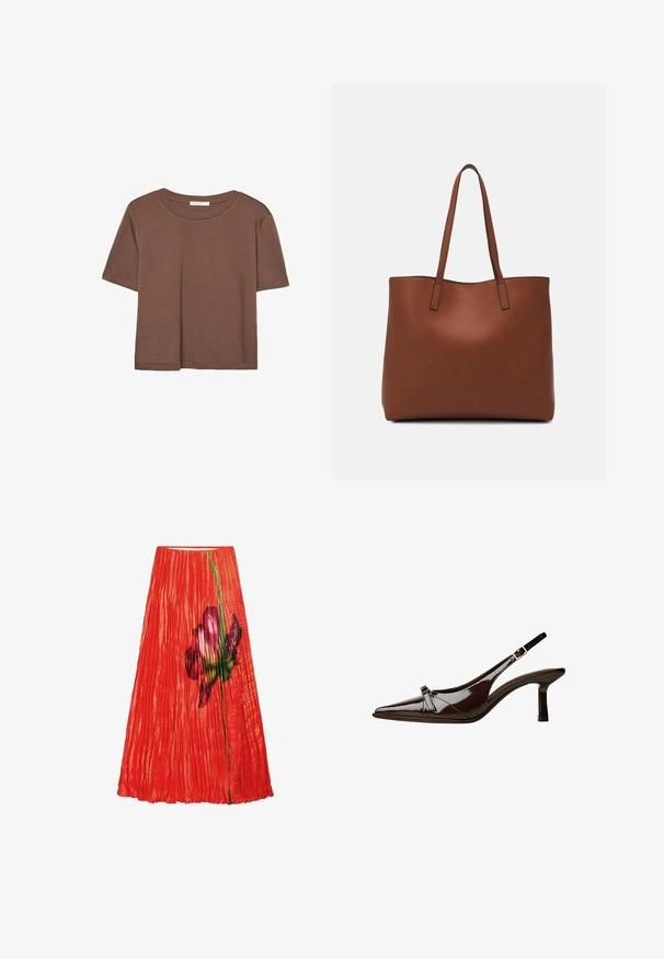 Maglietta a maniche corte marrone realizzata in tessuto morbido, con scollatura rotonda e vestibilità rilassata. Nessun motivo o dettaglio visibile.; Gonna plissettata rossa con una grande stampa floreale in tonalità di rosa e verde. Tessuto morbido con vita elasticizzata.; Scarpa slingback in pelle verniciata marrone con punta appuntita, tacco basso e un accentuato fiocco decorativo nella parte anteriore. Texture liscia e lucente.; Borsa tote in pelle marrone con texture liscia, design con apertura superiore e due spallacci. Presenta cuciture minime e nessun hardware visibile.