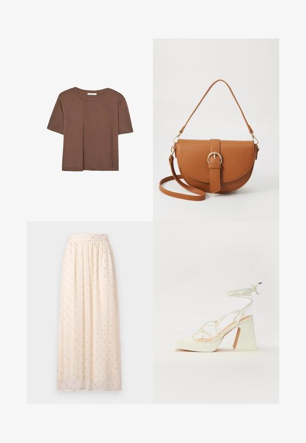 T-shirt marron à manches courtes en tissu doux, avec un col rond et une coupe décontractée. Aucun motif ni accent visible.; Jupe maxi beige clair en tissu transparent, ornée de broderies à pois dorés et dotée d'une taille élastique, avec un design fluide et une texture douce.; Sandale blanche à talons hauts avec un talon épais, présentant un design à lanières et un lien autour de la cheville. Texture lisse avec une plateforme à l'avant pour une hauteur supplémentaire.; Sac bandoulière en cuir marron avec une forme incurvée, quincaillerie dorée et un accent en boucle. Comprend une bandoulière détachable.