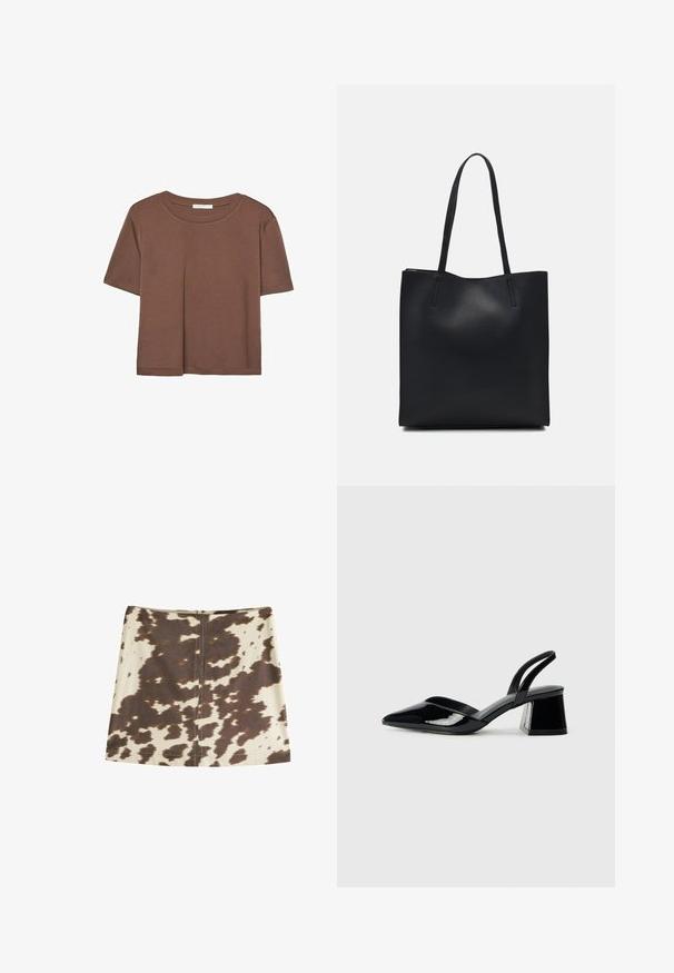 Brun kortärmad t-shirt i mjukt tyg, med rund halsringning och avslappnad passform. Inga synliga mönster eller detaljer.; Ko-bula mönstrad mini kjol i beige och brun. Har en dold bakdragkedja, mjukt tyg och en rak, A-linjeformad skärning.; Svarta lackläder slingback klackar med spetsig tå och geometrisk klack. Har en elegant, minimalistisk design och slät yta.; Svart lädertoffelväska med slät textur, rektangulär form och två långa handtag. Ingen synlig hårdvara eller dekorationer.