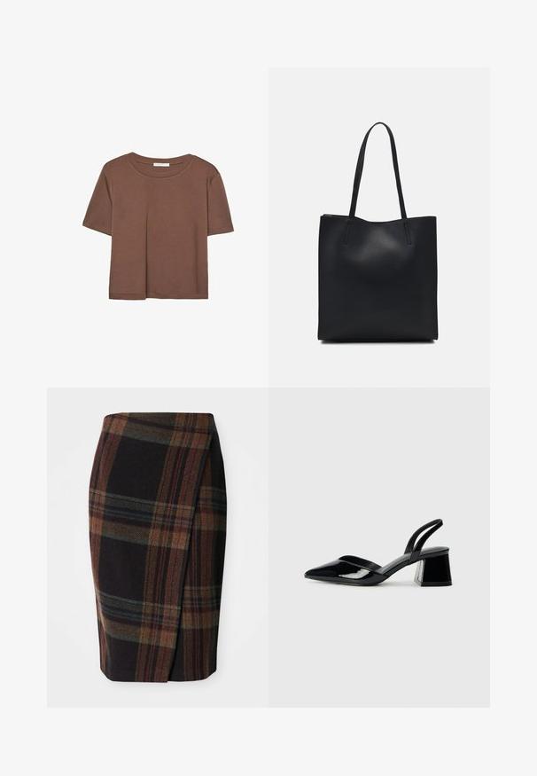 Kahvinsävyinen lyhythihainen t-paita, joka on valmistettu pehmeästä kankaasta. Pyöreä pääntie ja rento malli. Ei näkyviä kuvioita tai koristeita.; Tummissa väreissä olevat ruudulliset lyhyet hameet, joissa on vaaka- ja pystysuorat kuviot. Valmistettu villasta, sivussa on halkio liikkumisen helpottamiseksi.; Mustat patentoitu nahkakengät, joissa on säären takaosa ja terävä kärki, sekä geometrinen palikkakorko. Sisältää tyylikkään, minimalistisen muotoilun ja sileän pinnan.; Mustapahkainen kangaskassi, jossa on sileä pinta, suorakaiteen muotoinen ja kaksi pitkää kahvaa. Ei näkyvää metalliosaa tai koristeita.