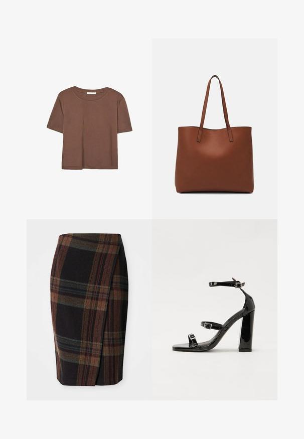 Maglietta a maniche corte marrone realizzata in tessuto morbido, con scollatura rotonda e vestibilità rilassata. Nessun motivo o dettaglio visibile.; Gonna a matita tartan in colori scuri con motivi orizzontali e verticali. Realizzata in lana, presenta uno spacco laterale per facilitare il movimento.; Sandali con tacco alto in vernice nera con due cinturini con fibbia, punta quadrata e tacco spesso a blocco, caratterizzati da una texture liscia e lucida.; Borsa tote in pelle marrone con texture liscia, design con apertura superiore e due spallacci. Presenta cuciture minime e nessun hardware visibile.