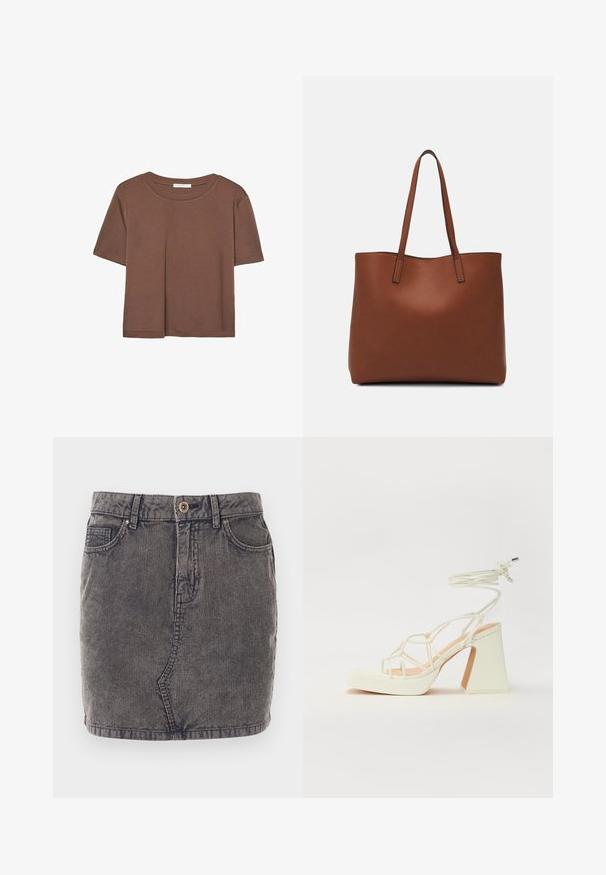 Braunes, kurzärmliges T-Shirt aus weichem Material mit rundem Halsausschnitt und lockerer Passform. Keine sichtbaren Muster oder Akzente.; Grauer Denimrock mit vertikaler Rippstruktur, ausgestattet mit einer vorderen Knopfleiste, zwei seitlichen Taschen und einem geraden Saum.; Weiße High-Heel-Sandale mit einem klobigen Absatz, die über ein Riemchendesign und ein Knöchelband verfügt. Glatte Textur mit einer Plattform vorne für zusätzliche Höhe.; Braune Leder-Tote mit glatter Textur, offenem Oberteil und zwei Schulterriemen. Verfügt über minimale Nähte und keine sichtbaren Beschläge.