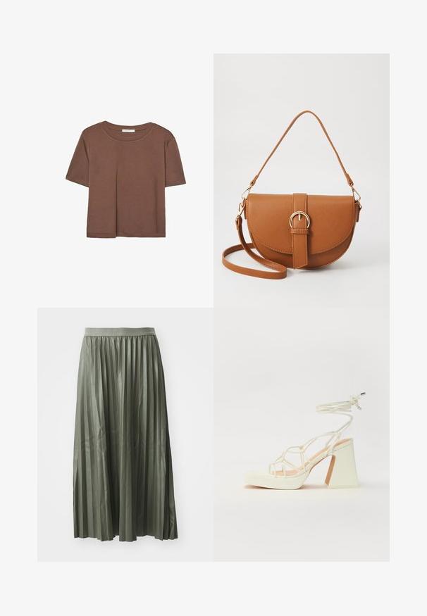Brązowa koszulka z krótkim rękawem, wykonana z miękkiego materiału, z okrągłym dekoltem i luźnym krojem. Brak widocznych wzorów lub akcentów.; Plisowana spódnica midi w stonowanym zielonym kolorze, wykonana z błyszczącego materiału. Posiada elastyczny pas i sięga do połowy łydki z równomiernie rozmieszczonymi pionowymi plisami.; Biała sandał na wysokim obcasie z masywnym słupkiem, z paskowym wzorem i wiązaniem przy kostce. Gładka faktura z platformą z przodu dla dodatkowej wysokości.; Brązowa skórzana torba na ramię o zaokrąglonym kształcie, ze złotymi akcentami i zapięciem w formie klamry. Posiada odpinany pasek na ramię.