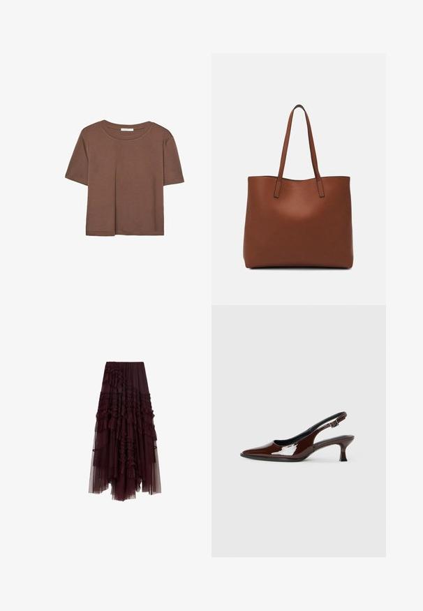 Hnědé tričko s krátkým rukávem vyrobené z měkké látky, s kulatým výstřihem a volným střihem. Bez viditelných vzorů nebo dekorací.; Burgundská tylová sukně s volánkovými vrstvami, elastickým páskem a různými délkami, s měkkou a lehkou strukturou.; Hnědé lakované kožené slingback boty s špičatou špičkou a mírným podpatkem. Disponují přezkou pro bezpečné upevnění. Hladký povrch.; Hnědá kožená taška přes rameno s hladkou texturou, otevřeným designem a dvěma ramenními popruhy. Obsahuje minimální švy a žádné viditelné kovové prvky.