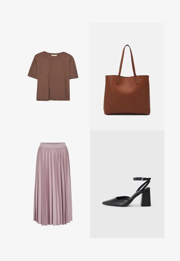 Brun kortärmad t-shirt i mjukt tyg, med rund halsringning och avslappnad passform. Inga synliga mönster eller detaljer.; Fållad lång kjol i mjuk rosa tyg, med elastisk midja. Den släta texturen och det flödande designen framhäver dess övergripande form.; Svart läderpumps med spetsig tå, ankelrem och kraftig klack. Slät textur, stilren design och minimalistisk estetik.; Brun läder tote-väska med en slät textur, öppen toppdesign och två axelremmar. Har minimal söm och ingen synlig metalldetalj.