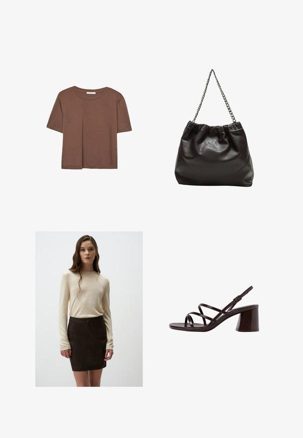 Maglietta a maniche corte marrone realizzata in tessuto morbido, con scollatura rotonda e vestibilità rilassata. Nessun motivo o dettaglio visibile.; Maglione a maniche lunghe beige in maglia abbinato a una minigonna aderente marrone. Il maglione presenta una texture a costine e la gonna ha tasche frontali.; Sandalo con tacco alto e cinturini marrone, dotato di un tacco spesso, con una finitura liscia e lucida e numerosi cinturini incrociati sulla parte superiore.; Borsa in pelle marrone con parte superiore arricciata e tracolla a catena. Texture liscia con finitura lucida e dettagli di cucitura sottili sui lati.