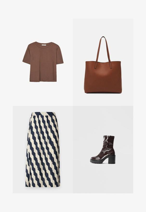 Brązowa koszulka z krótkim rękawem, wykonana z miękkiego materiału, z okrągłym dekoltem i luźnym krojem. Brak widocznych wzorów lub akcentów.; Plisowana spódnica w kolorze kremowym i granatowym, z motywem w diamenty. Elastyczny pas i lekki materiał tworzą płynny krój.; Błyszczące bordowe botki za kostkę z masywną czarną obcasem, charakteryzujące się gładką teksturą i prostym wzornictwem. Brak widocznych zapięć lub wzorów.; Brązowa skórzana torba tote o gładkiej fakturze, z otwartym wierzchem i dwoma ramiączkami. Charakteryzuje się minimalnym przeszyciem i brakiem widocznych elementów metalowych.